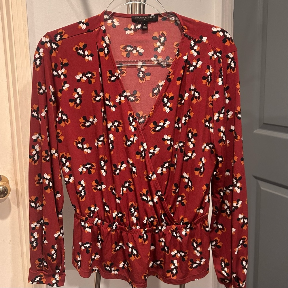 Banana Republic Red Floral Wrap Blouse